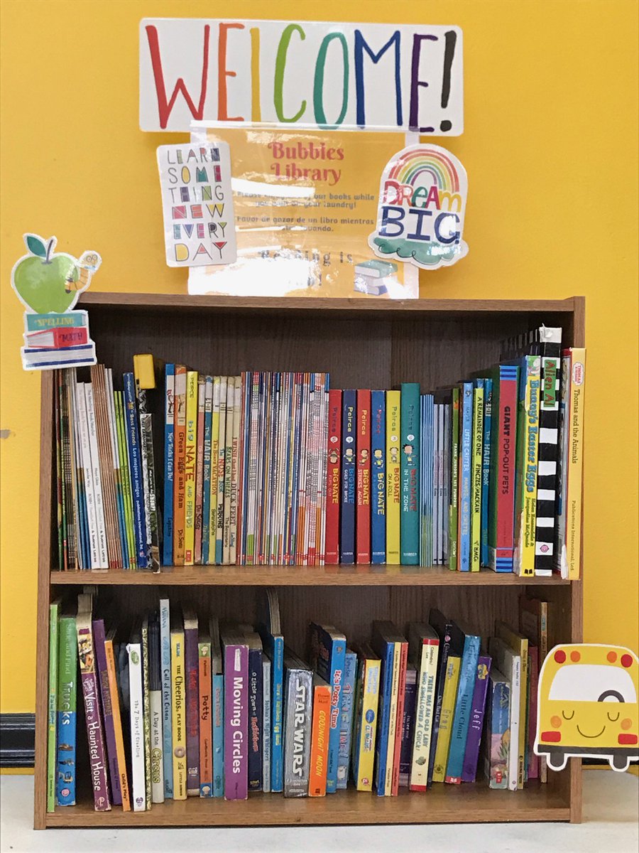 library_soe's tweet image. This is our new &quot;Bubbles Library&quot; I set up at the corner laundromat.   Another great way to keep our students reading over the summer!