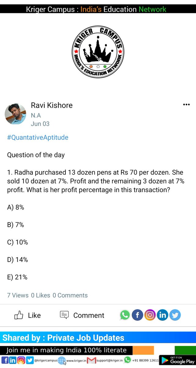 MalhotraTushita's tweet image. #QuantativeAptitude

1. Radha purchased 13 dozen pens at Rs 70 per dozen. She sold 10 dozen at 7%. Profit and the remaining 3 doz ...
Read more : kriger.page.link/zidJKodELSZAAk…
Sign up to
Receive daily education news 
Connect with friends
Make or join pan INDIA study groups
