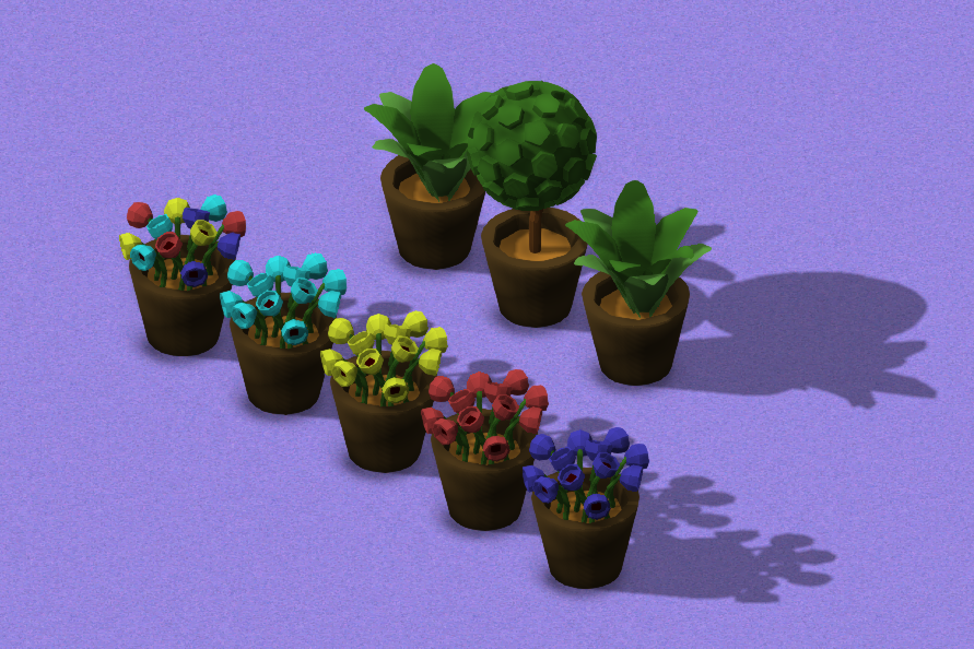 Remodeled flowers and the plant pots. They are no longer flat 'circles' on top of a pot. #gamedev #indiedev