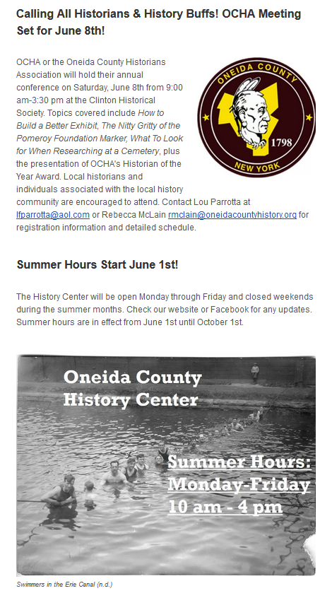 UticaCollegeCHR's tweet photo. Here's some updates for June 2019 from the Oneida County History Center! https://t.co/ttOPCuTtFm