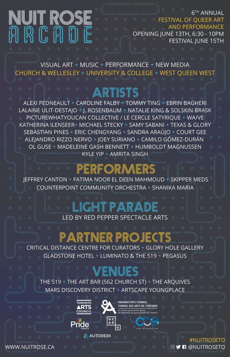 NuitRoseTO's tweet photo. We are less than 2 weeks away from NUIT ROSE: Festival + Art Crawl - Arcade 😱 Check out all of these incredible artists and performers that will be involved in this year's festival! Make sure to come to celebrate with us at NUIT ROSE: Arcade Festival Launch Party ✨ https://t.co/WN0vrQuUjA