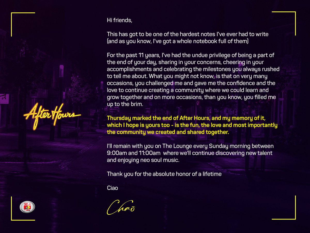 #OfficialAnnouncement

#AfterHours984
