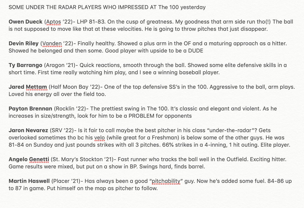 When a sophomore Stanford commit throws 90, everyone knows they are watching something special. It's like that for some players. For others it's tougher to break thru.

Some "under the radar" players caught my attention with their performance this weekend at <a href="/the100baseball/">The 💯</a> :