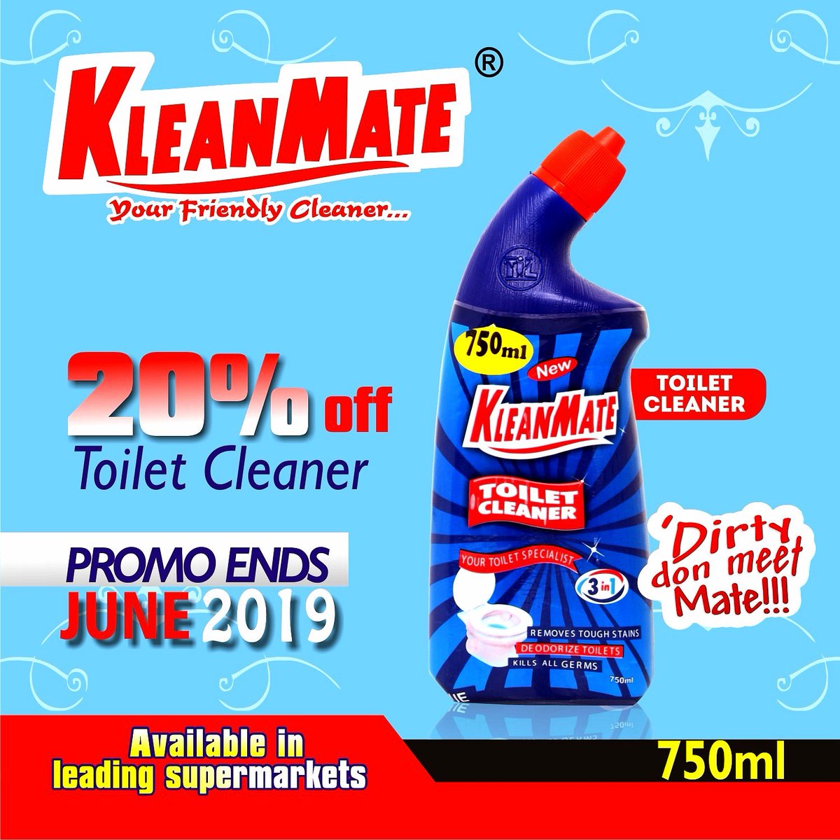 kleanmate's tweet image. KLEANMATE introduces the KLEANEST DEALS for the month of JUNE 2019. BUY our 750 ml Toilet Cleaner at an exciting 20% off!!!!!! SAVE and keep your homes fresh and germ free coz 'dirty don meet mate ooo ....' #toilet #toiletcleaner #home #office #antibacterial #hotel #kleanmate