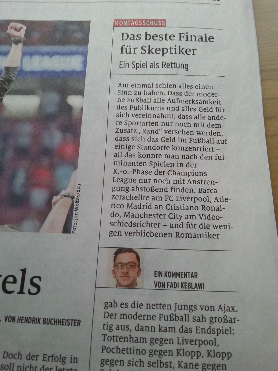 ReinhardWorlein's tweet photo. Lesetipp für alle, die es nicht ohnehin schon gelesen haben:
Guter Kommentar von @Gopankhurst in der Print-Ausgabe der @NN_Online zum CL-Finale.
Über das Foto sollte er vielleicht nochmal verhandeln...
#CLFinal #CLFinal2019 #NN #fussball https://t.co/LfGpef6M7A