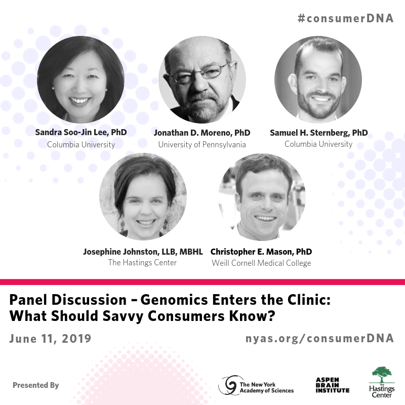 NYASciences's tweet photo. Together with @hastingscenter + Aspen Brain Institute, we're excited to present a program on #GeneEditing & direct-to-consumer tests featuring panelists @bioethicsjosie @mason_lab @pennprof @shsternberg & Sandra Soo-Jin Lee. Register here: https://t.co/UGJdZDCTQN #consumerDNA https://t.co/rTiAmn3odO
