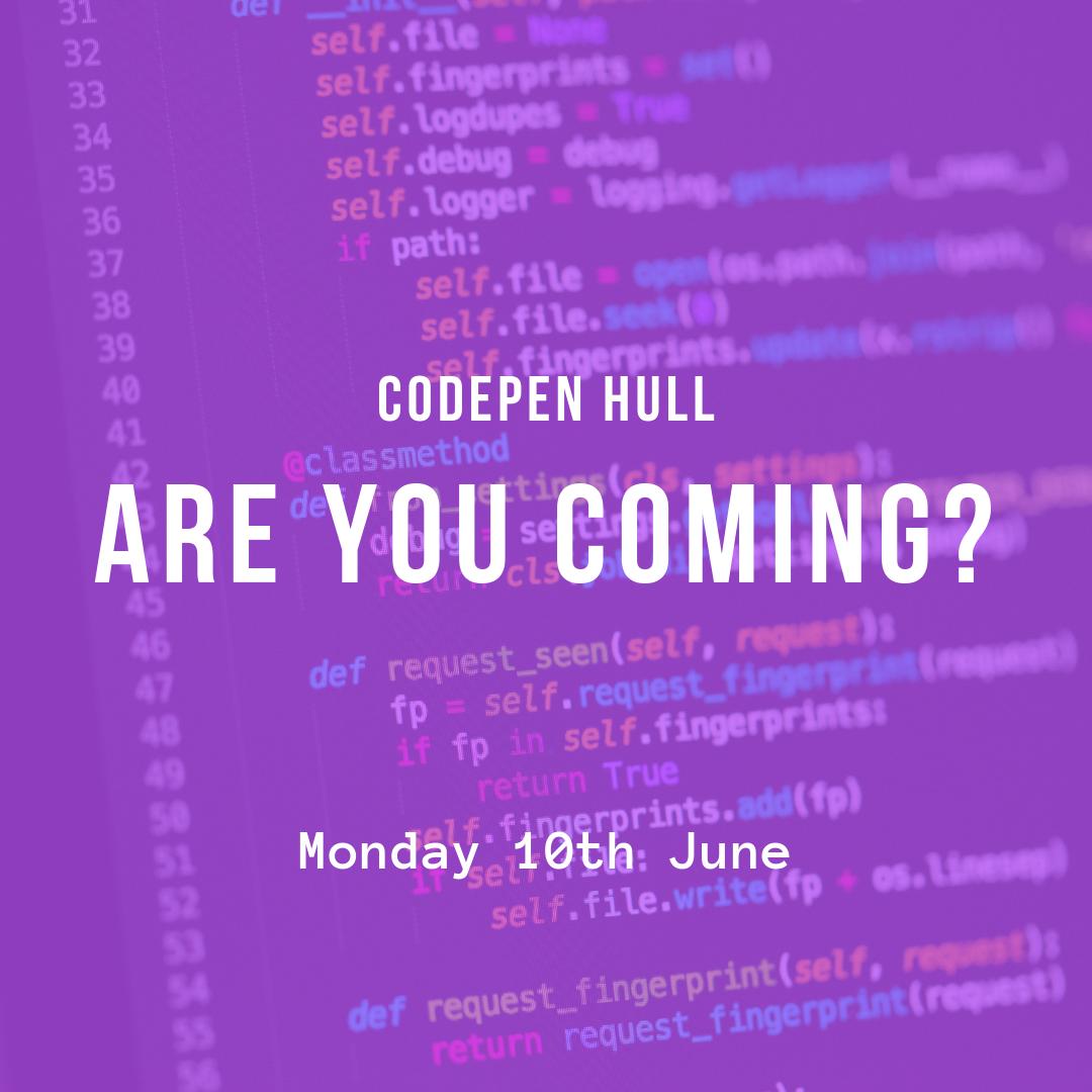 hullstack's tweet image. This time next week, we'll be about ready to kick off our next Codepen event with @pollingj and @BombyxPLM. 😃 🥳
Are you coming? #CodepenHull