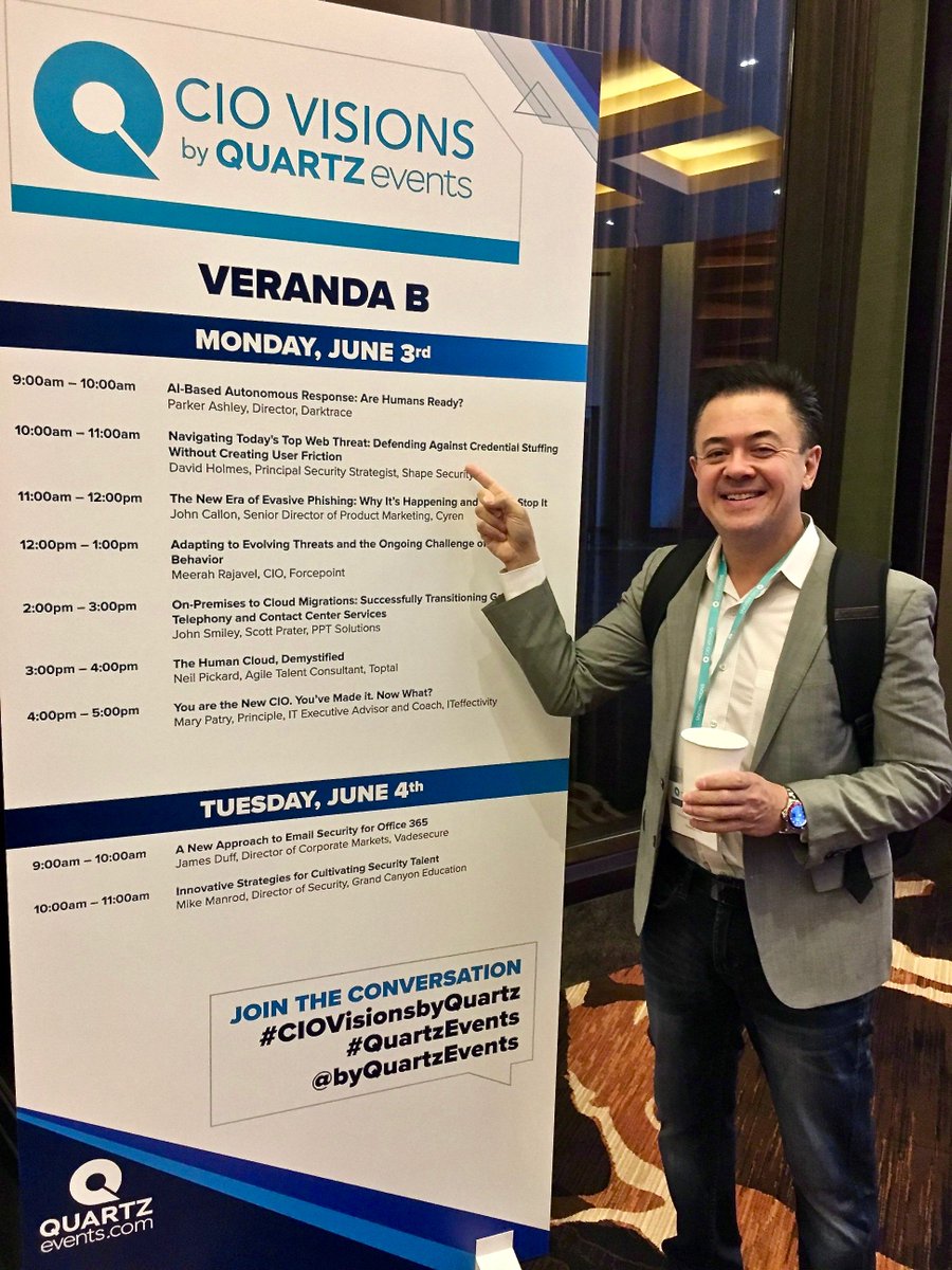 ShapeSecurity's tweet photo. Don't miss David Holmes' breakout session at #CIOVisionsbyQuartz in 15 minutes! Good luck @capmblade! 

#QuartzEvents #SecurityNotFriction #ShapeSecurityEvents https://t.co/o3yaNyQitR
