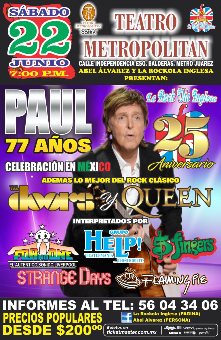 TMetropolitanMx's tweet photo. Ya tienes tus boletos para el concierto Paul 77 Años (Beatles, Queen &amp; Doors Tribute) que presenta @RockolaInglesa el 22-Jun ?

No lo pienses más y adquiérelos en taquilla y red @Ticketmaster_Me porque se va a poner buenísimo !

https://t.co/2xKmPbh01V https://t.co/qHiMPE2Ufs