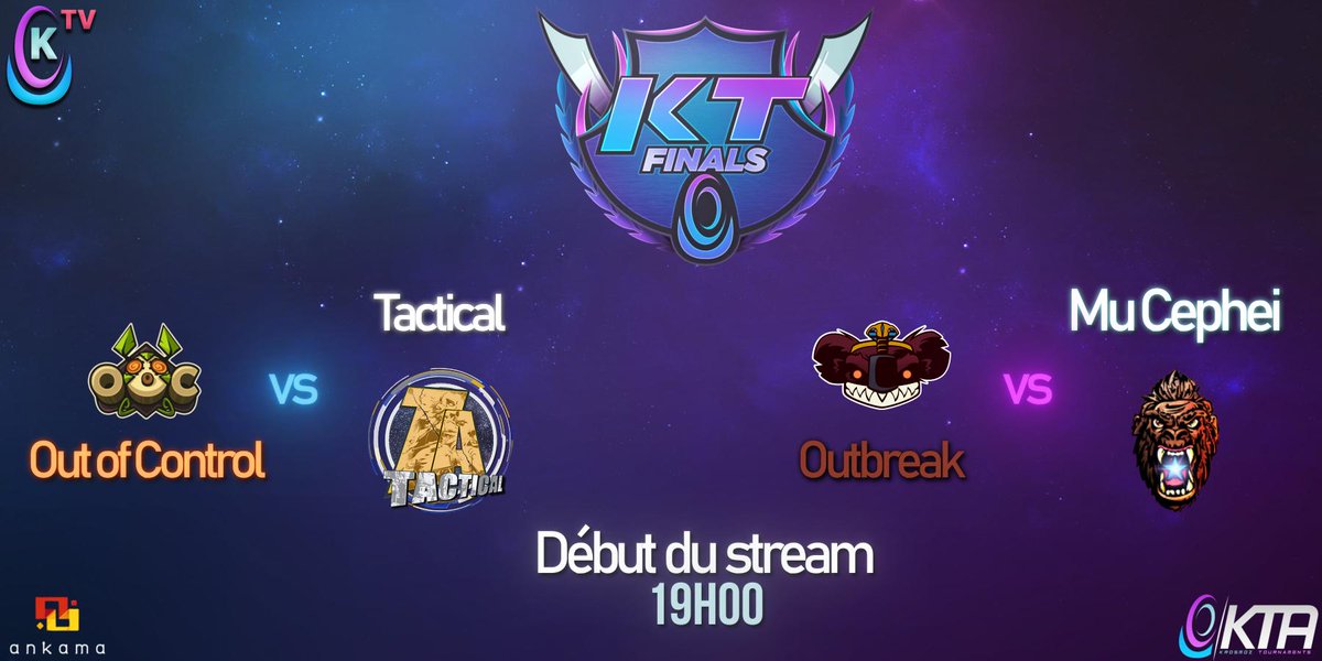 Seconde soirée de #KTFinals, avec notamment les favoris Outbreak et <a href="/OoC_Dofus/">Out of Control</a> dans l'arène !

Les outsiders de Tactical et Mu Cephei ont cependant de solides armes à leur opposer. Vivez les affrontements avec les commentateurs de la KTV sur twitch.tv/KTV_Fr !