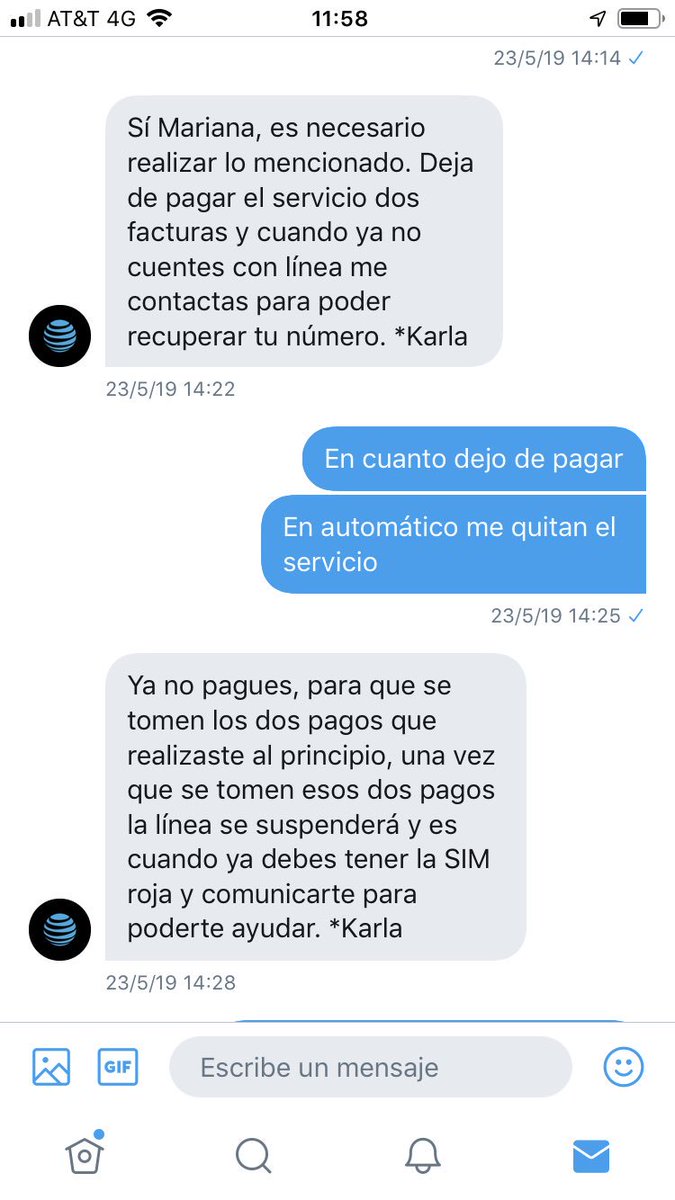Mariianiizx's tweet photo. He dejado de pagar mi plan como me dijeron, ya no tengo ningún servicio en mi línea y desde el jueves les escribí y ya no me dan respuesta para continuar con mi proceso de recuperar mi número @Profeco @ATTMxAyuda @ATTMx https://t.co/q6Zlv8t1VZ