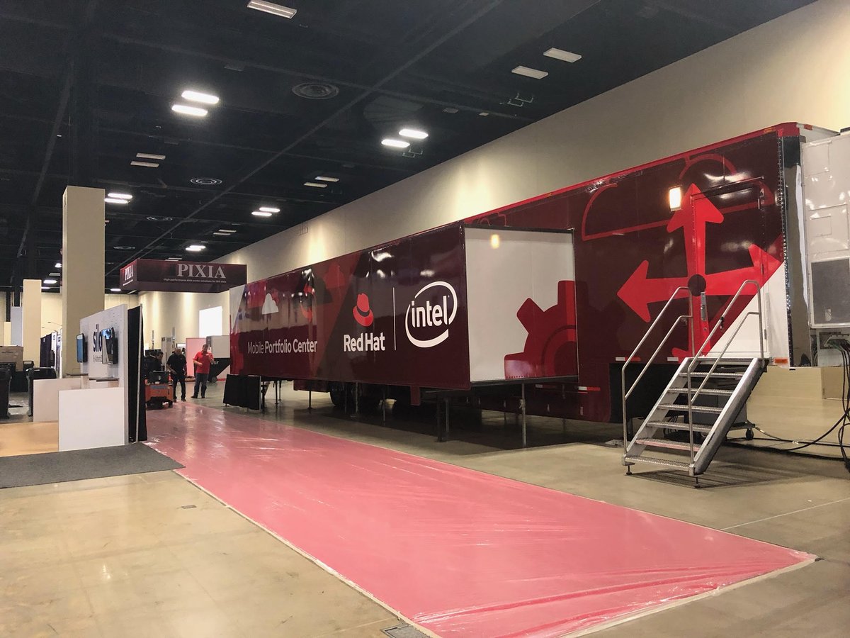 RedHatGov's tweet photo. Got emerging technology issues?  We have the answers @GEOINT2019! Come join us at our big Red Hat truck #Booth140 and learn about machine learning and automation through @RedHat @ansible! https://t.co/bNB7VLJILs