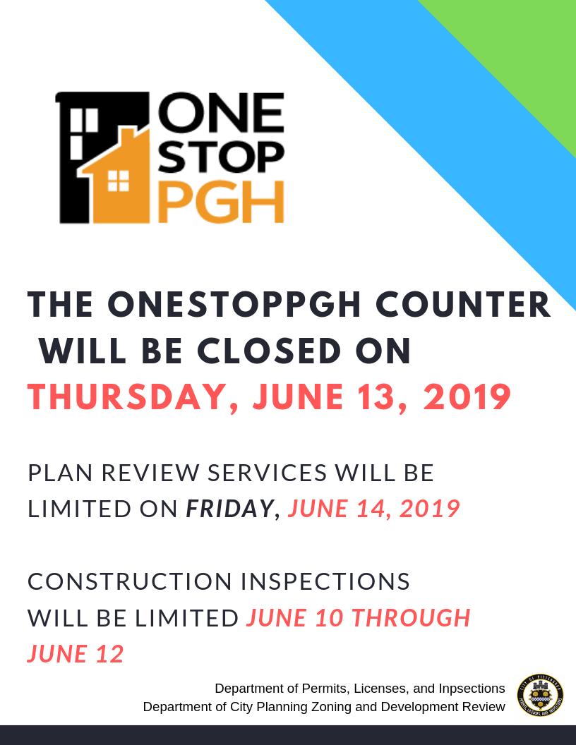 Mark your calendar! The OneStopPGH Counter will be closed on THURS June 13 for staff training, with limited Plan Review June 14, and limited construction inspections June 12-14.

Trainings are in preparation for the launch of Online Permitting on June 17!
 @CityPGH <a href="/PLANPGH/">Pittsburgh City Planning</a>