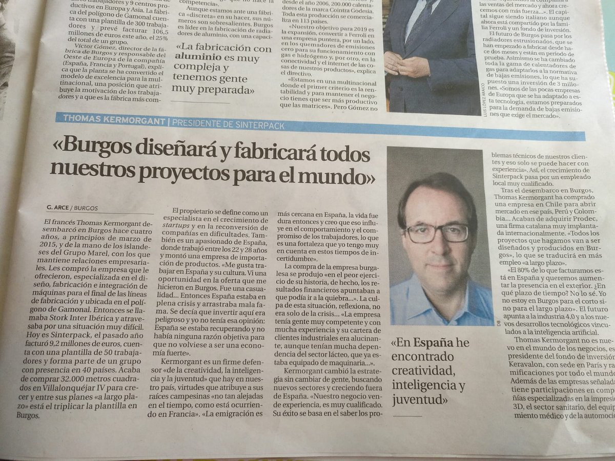 Cómo ejemplo de inversor de capital extranjero en #Burgos, nuestro Presidente, Thomas Kermorgant, explica en <a href="/diariodeburgos/">Diario de Burgos</a> porqué apostó por @Sinterpack.