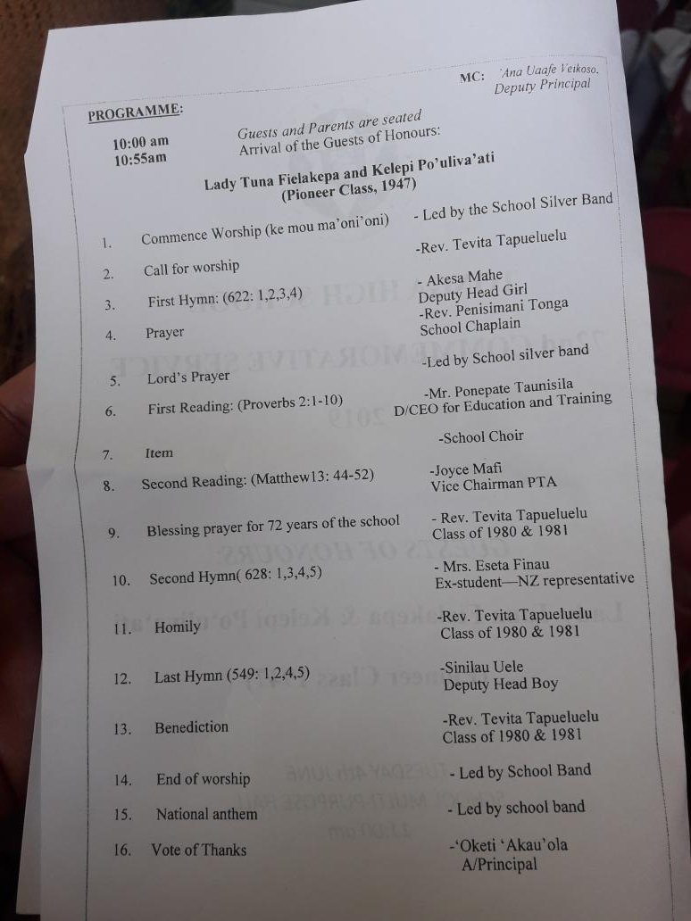 KaloMafi's tweet image. June 4, 2019. 72nd commerative service for Tonga High School since being established in 1947 by his late Majesty King Taufa'ahau Tupou IV.