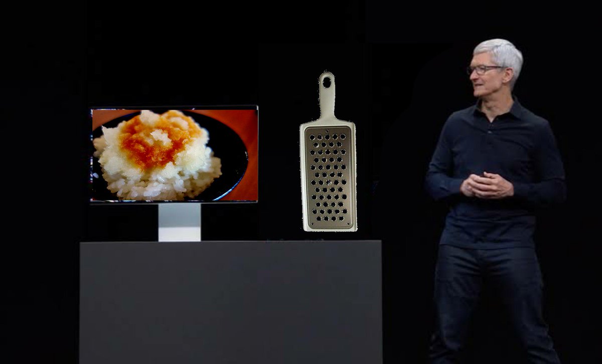 alfred_dino's tweet photo. An attractive new product was announced. It's very cool. It must be possible to have a delicious radish grated that is not ashamed of the professional name.

#mac_pro
#Radish_grater_pro
#違う違うそうじゃない
#雑コラ https://t.co/GW1CpBxUhk