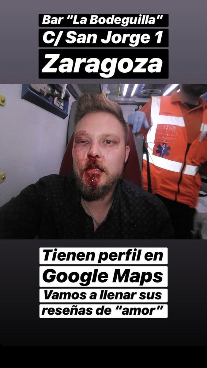 SantiScandalous's tweet photo. A un conocido le han pegado una paliza por transfobia, esto ha sucedido en Bar "La Bodeguilla"
Calle San Jorge, 1, 50001 Zaragoza.
Para que no piséis ese sitio en la puta vida y se les caiga el pelo, asco, repulsión y todo mi apoyo a la víctima, justicia #StopTransfobia https://t.co/jbyP6MkbfU
