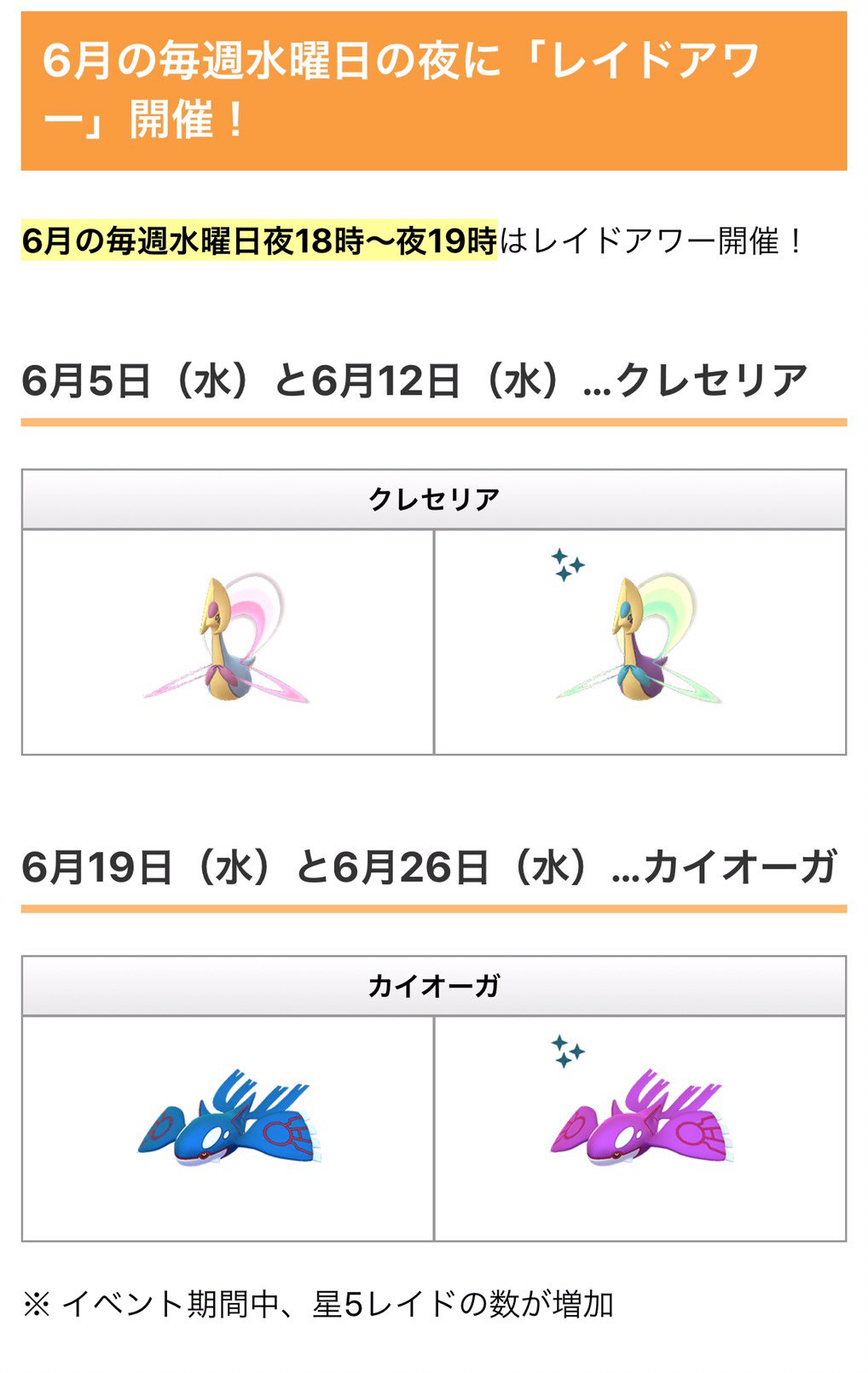 ポケモンgo攻略情報 ポケマピ 6月の毎週水曜日夜18時 夜19時はレイドアワー開催 6月5日 水 と6月12日 水 クレセリア 6月19日 水 と6月26日 水 カイオーガ イベント期間中 星5レイドの数が増加 ポケモンgo T Co ld2yhu0