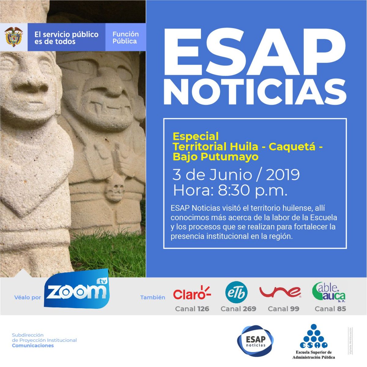 ESAPOficial's tweet photo. Hoy en #EsapNoticias, que se transmite a las 8:30 de la noche, tendremos lo
más importante de la ESAP Territorial Nariño – Alto Putumayo y de la actualidad de la Escuela. Transmisión a través del Canal ZOOM, página web https://t.co/sry5P6XYrU y redes sociales oficiales. https://t.co/IHjkqpSfoo