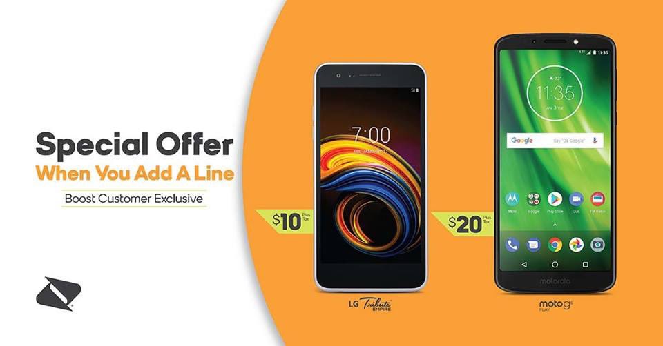 SmartCommz's tweet photo. 😎Exclusive for Boost Mobile customer 💃🕺

👉Add a line and get the 📱 LG Tribute Empire for $10 + tax, or the 📱Motorola moto g⁶ play for $20 +tax! 
.
. https://t.co/BIq7Ep8w7u