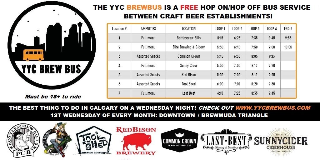Enjoy a FREE bus ride from downtown Calgary to the #BrewmudaTriangleYYC!! What a great way to spend a Wednesday night and celebrate #YYCBeerWeek!
.
#YYCBreweries #CalgaryBreweries #CraftBeer #DrinkLocal #SupportLocal #RealBeer #YYCDrinks #YYCEats #YYCNow #YYCBrewBus