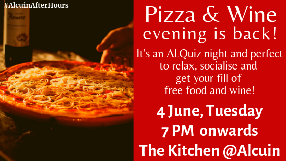 Term-end celebration with #AlcuinAfterHours includes a fun quiz night with pizza nad wine! Pop along to The Kitchen at Alcuin at 7 pm tomorrow night!