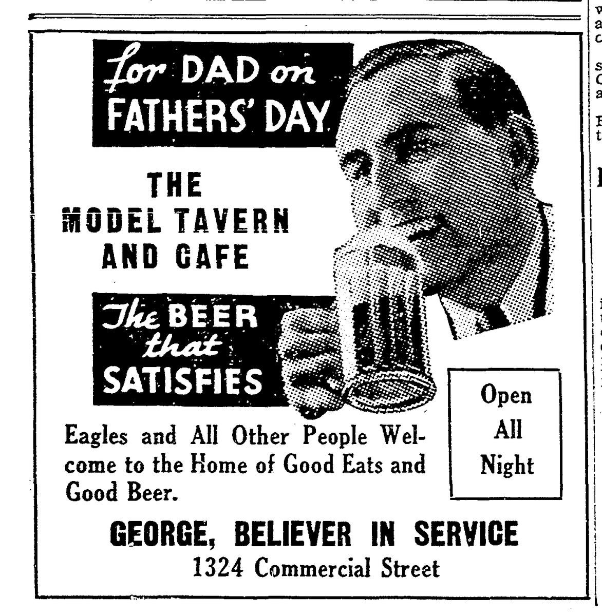 GoodTimeGirlsWA's tweet photo. This father’s day ad for the Model Tavern appeared #Onthisday in #Bellinghistory, June 16, 1934 #HappyFathersDay #postprohibition https://t.co/1LKNfYw6tW