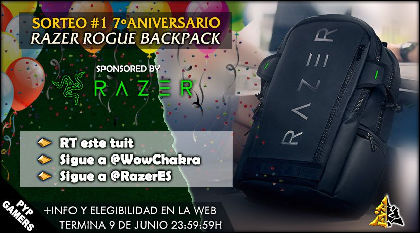 📣 7º Aniversario WowChakra Sorteo #1

1x Mochila Razer Rogue Backpack | Patrocinado por Razer 

Para participar:

✅RT+Follow <a href="/WowChakra/">.</a>
✅Follow <a href="/RazerES/">R Λ Z Ξ R 🇪🇸</a>
🗓Fecha: Hasta 9 Junio 23:59:59h
🔗Bases: buff.ly/2WlMtZw