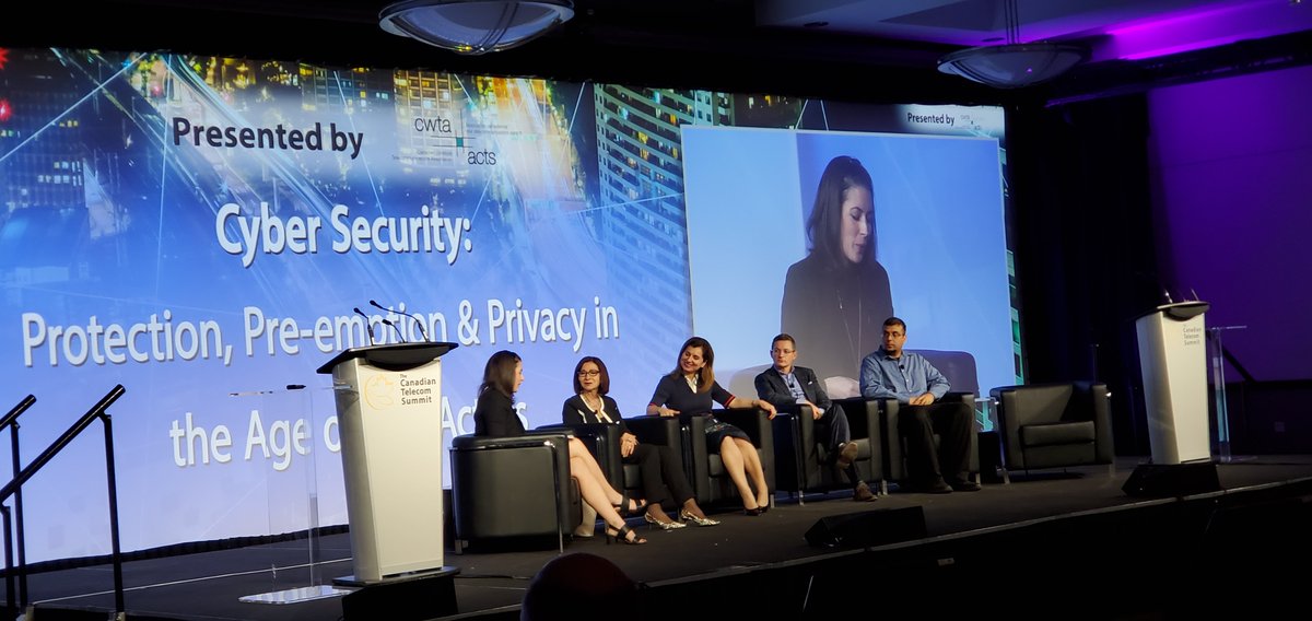 CanadaTelecoms's tweet photo. Panel discussion on Cyber Security: Protection, Pre-emption & Privacy in the Age of Bad Actors at @CDN_tele, moderated by the @globebusiness's @christinedobby. #CTS19 #CdnWireless https://t.co/vKVeCsPHOM