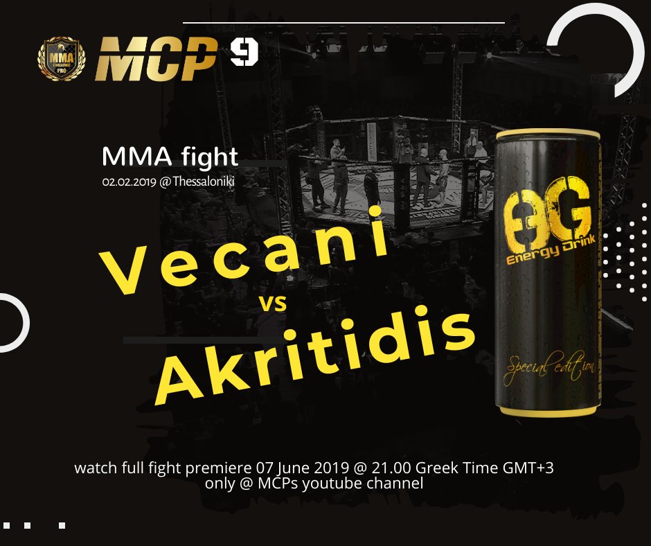 McpGreece's tweet photo. Watch Full #MMA #MCP9 #FIGHT 
  Claudio Vecani vs Valeron Akritidhs Orfanidhs 
 only at our  YouTube Channel 
 07/06/2019 @21.00 Subscribe  
 ↘️ https://t.co/Af5ZqAvgnl https://t.co/mGX20tjZuV