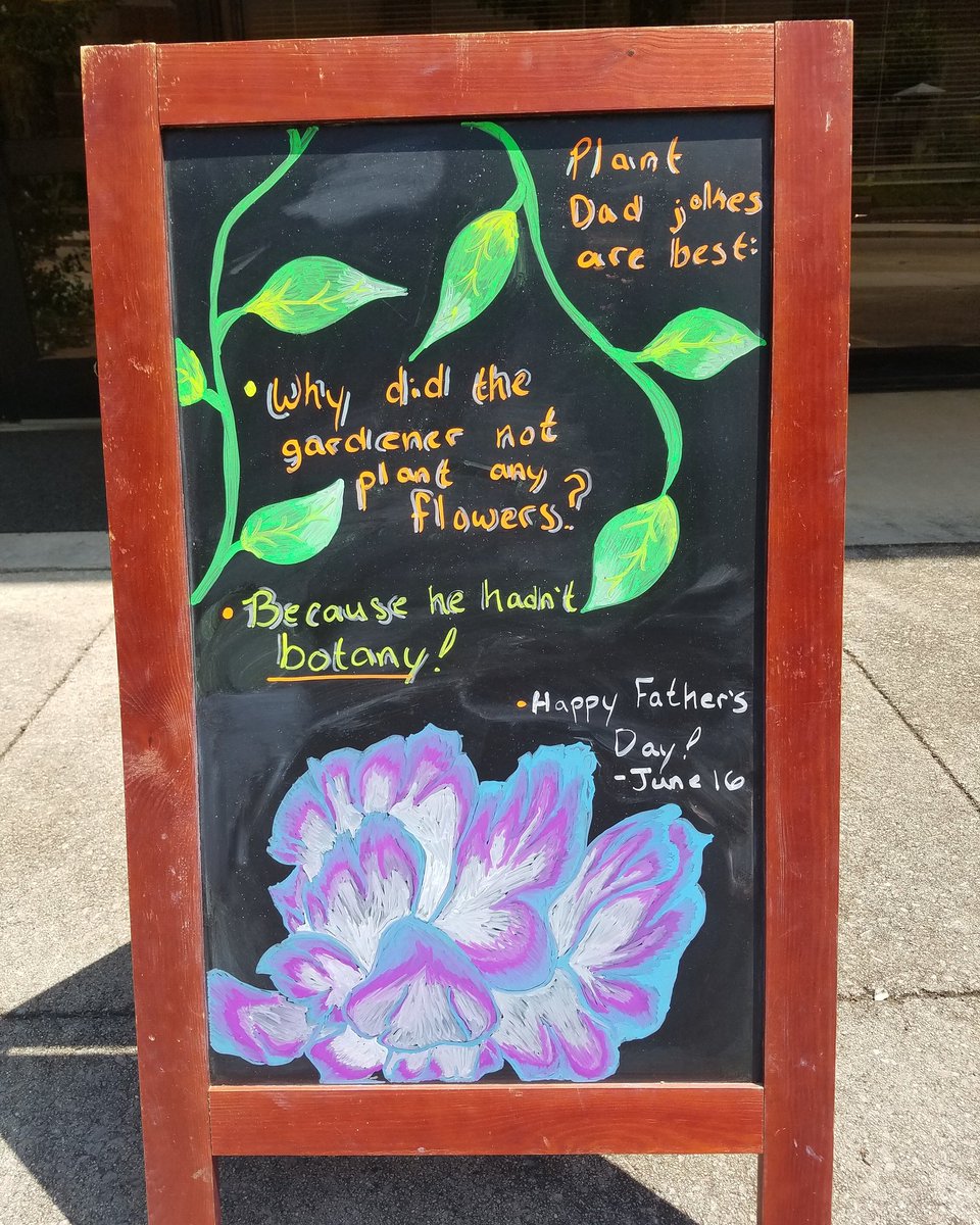 UTKHerbarium's tweet photo. New month means a new sign! In preparation for Father's Day, we thought we would make the sign "dad joke" themed. #HerbSign #FathersDay #chalk #plants #flowers #dadjokes #June16th https://t.co/Gn8Nixo8n6