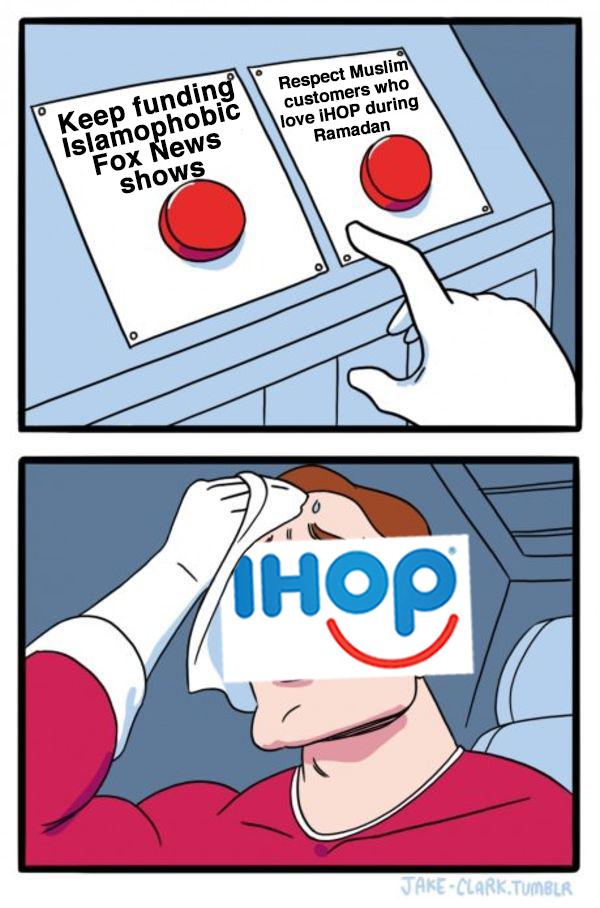 MPower_Change's tweet photo. On this last day of #Ramadan @IHOP is rebranding instead of explaining why they fund Islamophobic Fox News while profiting off some of their most loyal customers—Muslims who frequent IHOP during Ramadan.
#IHOP—don't let your new name be Islamophobic House Of Pancakes: #DropPirro https://t.co/HNlLgvwxvO