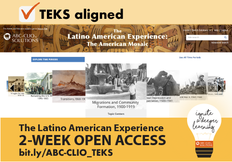 HistoryHub's tweet photo. Trying to figure out how to meet the new TEKS ethnic studies addition? Trust ABC-CLIO for classroom integration + TEKS support materials.
2-WEEK OPEN ACCESS The Latino American Experience: https://t.co/G0Og5s6hUh
#SSEduMatters @TxSocialStudies #txcss2019 #txlchat #tlchat @TXSBOE https://t.co/wuFNXmcVIT