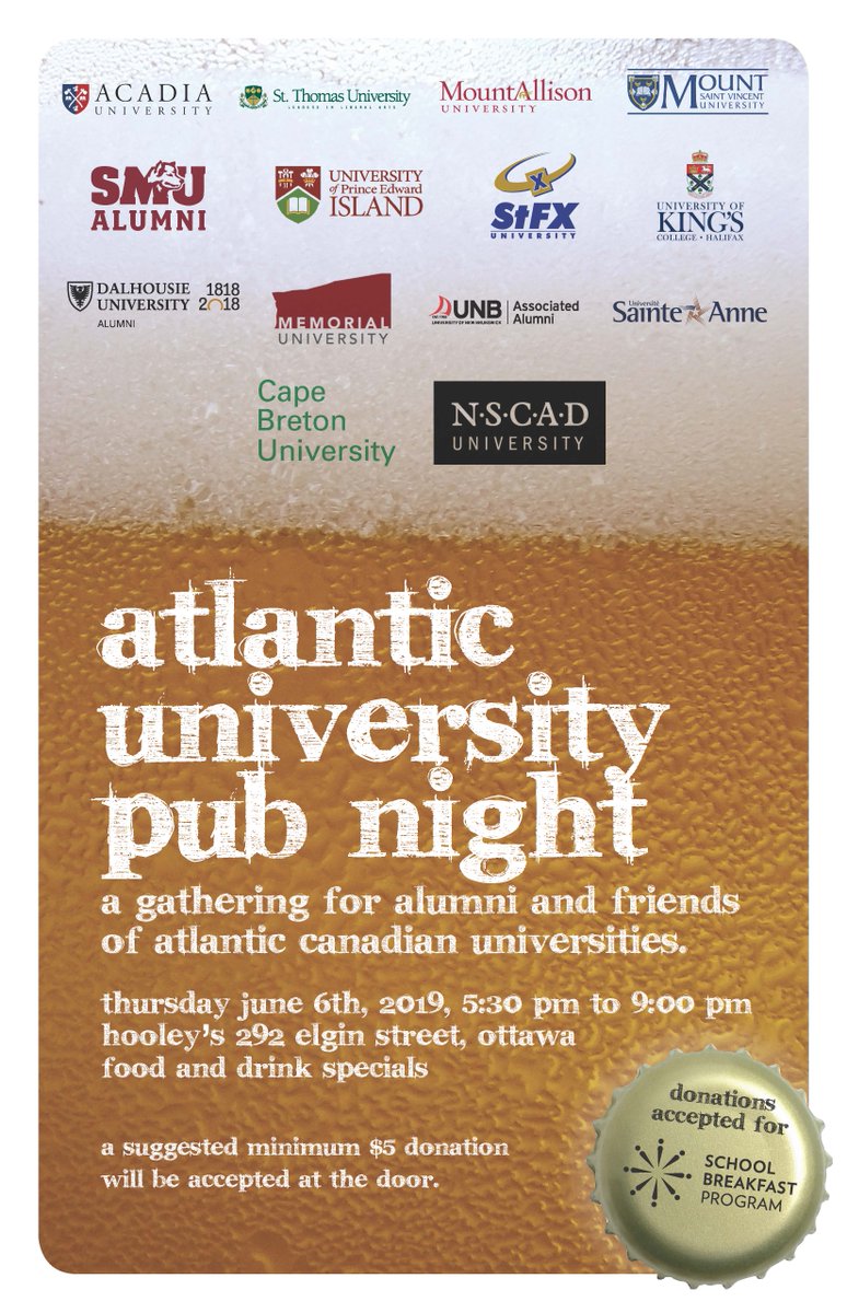 ukings's tweet photo. Ottawa alumni: want a taste of the East Coast in the nation's capital? Come out to @atlanticUpub this Thursday, 5:30 pm at Hooley's on Elgin to reminisce with fellow King's alumni and alums from other Atlantic universities! https://t.co/Vsd4ym6PP6