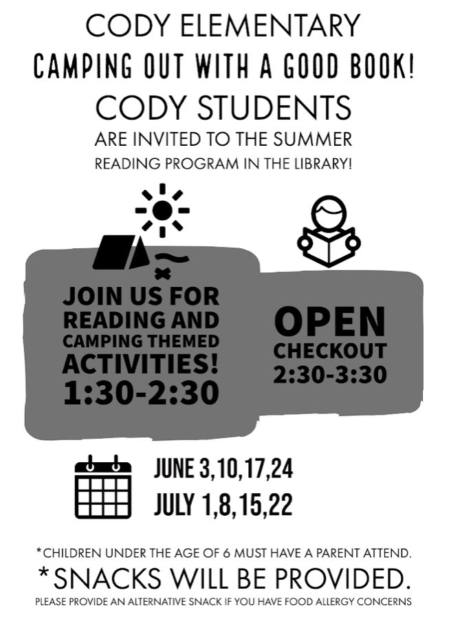 Camping out with a good book <a href="/CodyElementary/">Cody Elementary</a> Summer Reading Program! Join us Monday’s 1:30-3:30🏕