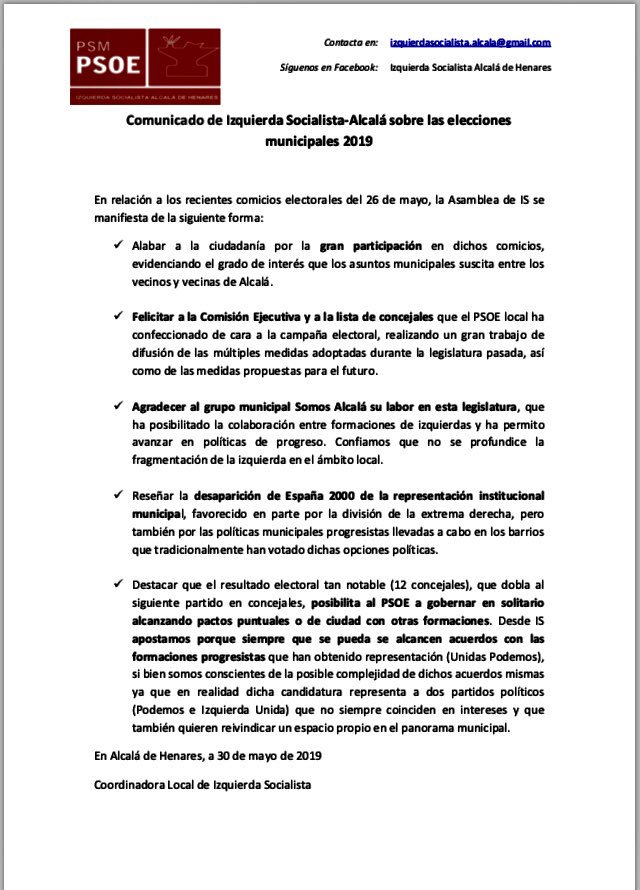IS_Alcala's tweet photo. Os dejamos el comunicado sobre las elecciones municipales de 2019. https://t.co/BR0IZqhKql