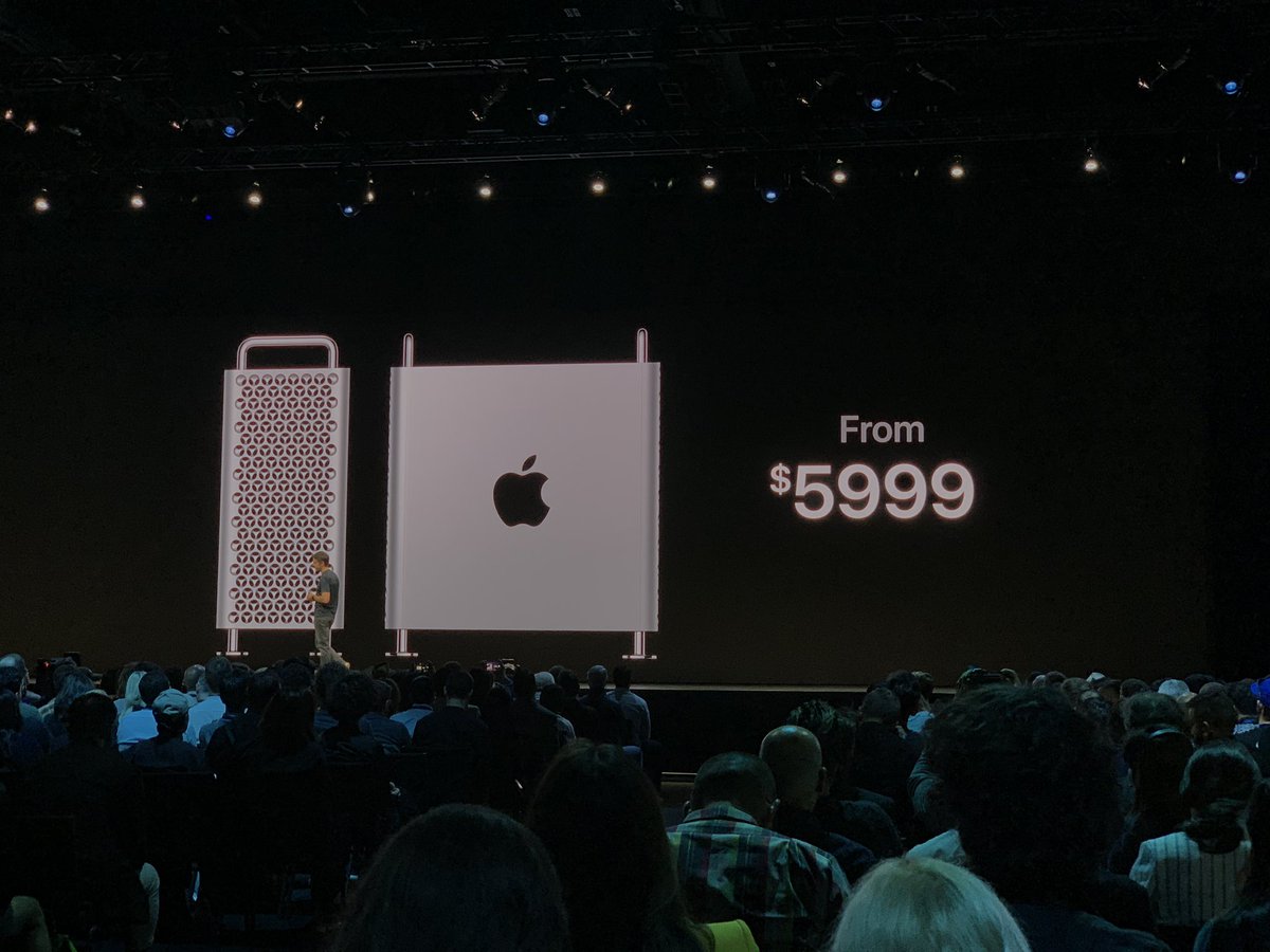 SuperSaf's tweet photo. Mac Pro

Up to
-28-core Intel Xeon
-300 watts
-6 memory channels
-12 DIMM slots
-1.5TB RAM
-8 PCIe slots
-2x Radeon Pro Vega II Dua
-After burner
-1.4KW power supply

From $5999
#WWDC19 https://t.co/JBfYcP7xAu