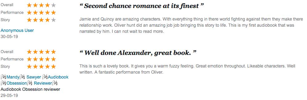There are some great reviews on <a href="/audibleuk/">Audible UK 🎧</a> regarding <a href="/alexsilvaauthor/">Alexandra Silva</a>'s book No One But You, narrated by myself! 🤪 

Find it direct from <a href="/Amazon/">Amazon</a> or <a href="/iTunes/">iTunes</a>, or get it for free with an audible subscription here: tinyurl.com/y62ytt5y

#audiobook #narrator #review #acx_com