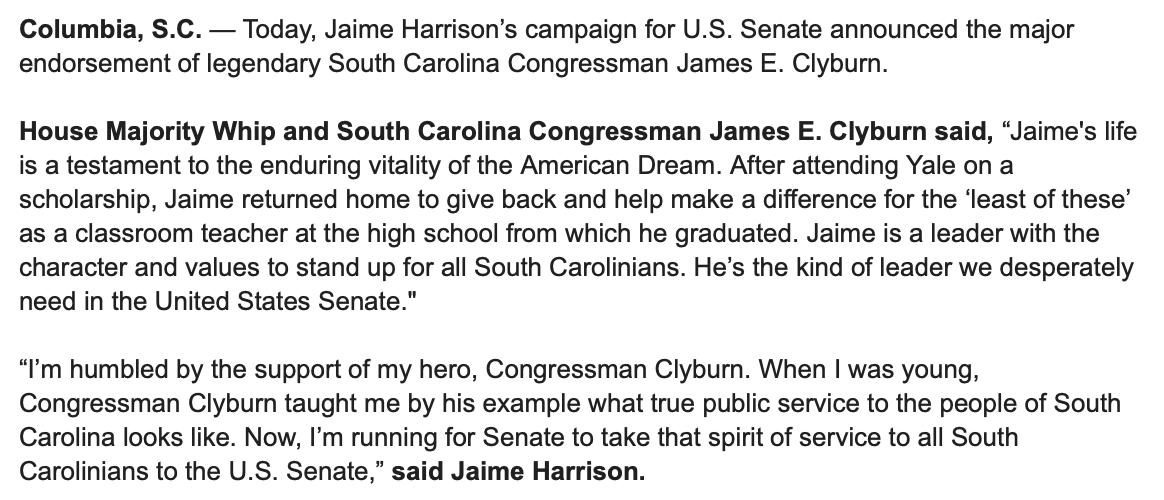 New: @WhipClyburn endorses <a href="/harrisonjaime/">Jaime Harrison</a>, one of his former aides, in the #SCSen race. #scpol