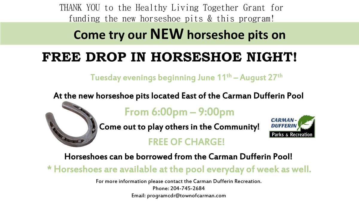 CarmanMB's tweet photo. Carman Dufferin Recreation is inviting the community to try out our brand new horseshoe pits during *free* Drop-in Horseshoe Nights on Tuesday evenings, June 11 to August 27. See the poster for more details. https://t.co/XznNP1hh42
