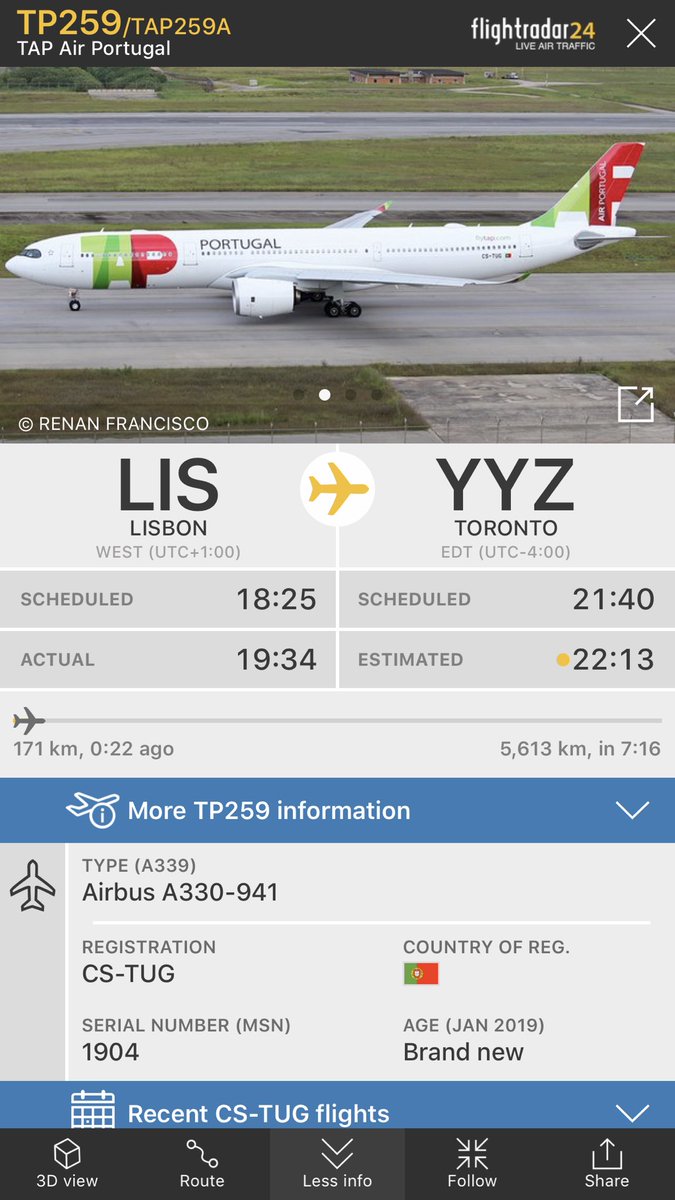 TomPodolec's tweet photo. YYZ ✈️ Toronto Spotter Alert 🚨
TAP Air Portugal #TP259 enroute from Lisbon to Toronto with their Airbus A330neo. ETA 22:15. 
This will be the first visit to Toronto for this aircraft type. 
https://t.co/LY6oxsavbI https://t.co/6QWZs3MkhW