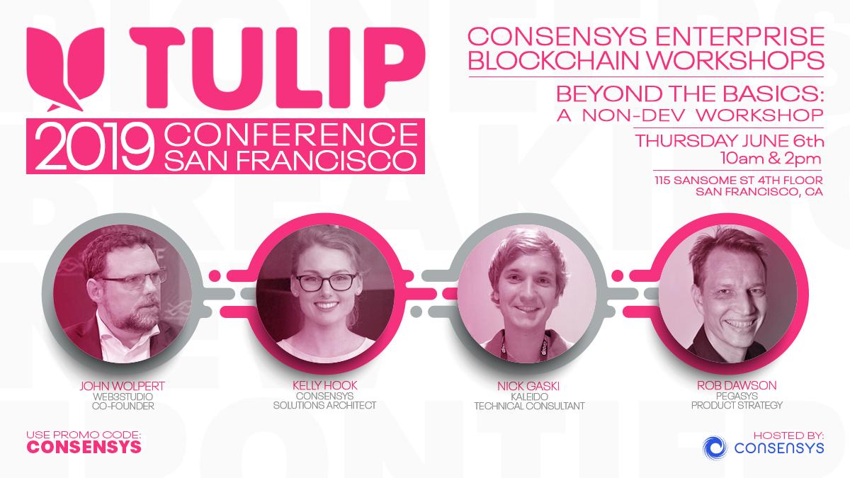 Consensys's tweet photo. #ConsenSysSF will host two Enterprise #Ethereum Workshops for non-developers, featuring @Web3Studio's @jwolpert, #ConsenSysSolutions' @KellyHook, @PegaSysEng's @rojotek, and @Kaleido_io's @NickGaski. @tulipconf https://t.co/EvxWcwnNLV https://t.co/XNoWML8jqf