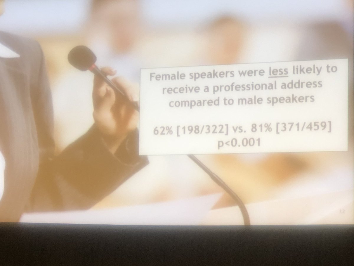 Work from @NarjustDumaMD. High quality study evaluating introduction of female and male speakers at ASCO conferences. Females less likely to receive professional address. Being female associated with a >5x odds of being called by first name only. We need to do better!