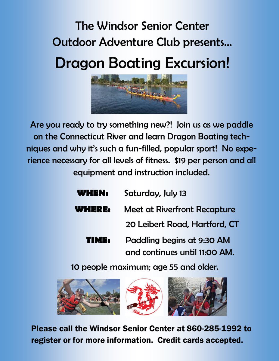 WindsorSeniors's tweet image. Looking to try something new? Then join us for Dragon Boating! Only ten seats available, so sign up soon! Call 860-285-1992. #winvalue