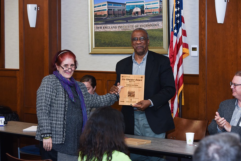 Eco-Educator Award presented to <a href="/GregoryCWatson/">Greg Watson</a> <a href="/Center4NewEcon/">Schumacher Center for a New Economics</a> who attended the Community Action Event <a href="/NEInstituteTech/">New England Institute of Technology</a> as we tackled #climatechange &amp; presented a screening of #ParistoPittsburgh. Thank you for your GRT WRK! <a href="/BosGreenFest/">Boston GreenFest</a> <a href="/Arpin_Group/">Arpin Group</a> <a href="/NIROPE/">Cardi's Furniture & Mattresses</a>