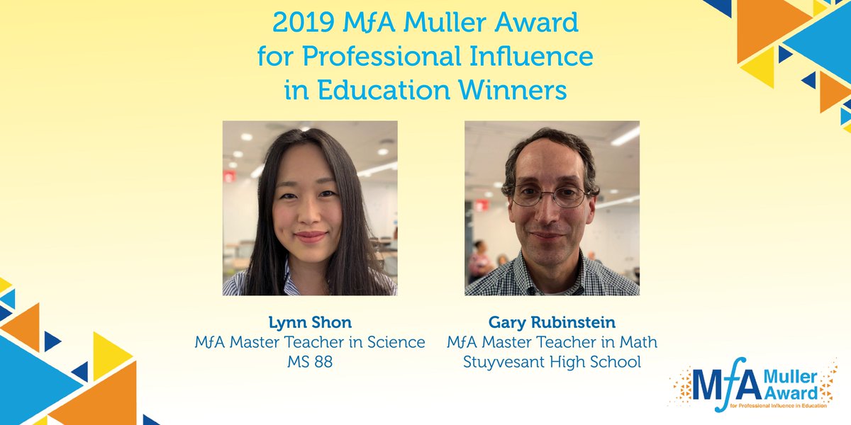 MathforAmerica's tweet photo. Middle school science teacher @lynnshon from #MS88 in Brooklyn and high school mathematics teacher @garyrubinstein from @StuyNY in Manhattan will be awarded $20K each as MƒA Muller Award winners. Full details: https://t.co/4pv7VygmBH https://t.co/cu840EKMVN