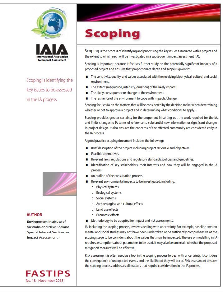Why is scoping such an important part of the impact assessment process, and how can you make your scoping document effective? Check out IAIA's 2-page FasTips No. 18 on Scoping at buff.ly/2thOuVF