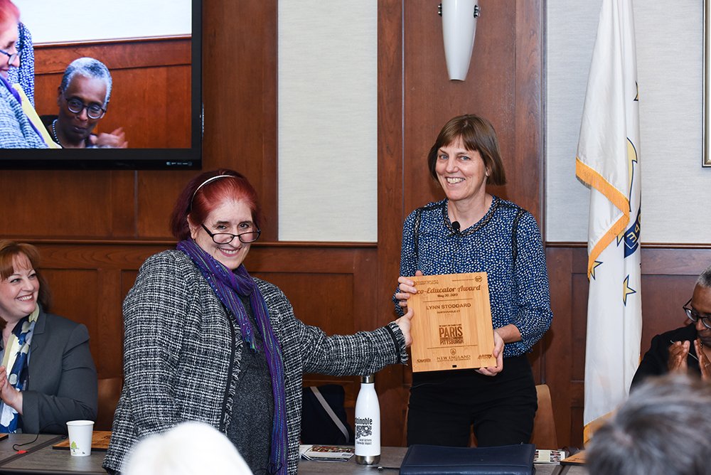 Eco-Educator Award presented to Lynn Stoddard Ex. Director <a href="/SustainableCT/">Sustainable CT</a> who attended the Community Action Event <a href="/NEInstituteTech/">New England Institute of Technology</a> as we tackled #climatechange &amp; presented a screening of #ParistoPittsburgh. Thank you for your GRT WRK! <a href="/BosGreenFest/">Boston GreenFest</a> <a href="/Arpin_Group/">Arpin Group</a> <a href="/NIROPE/">Cardi's Furniture & Mattresses</a>