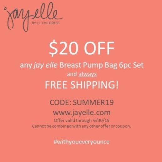 Save $20 on a jay elle Breast Pump Bag with code SUMMER19 on jayelle.com now through the end of the month… because we can't wait for SUMMER!! Cannot be combined with any other offers. FREE SHIPPING TOO! #breastpumpbag #breastfeeding #withyoueveryounce #babyregistry