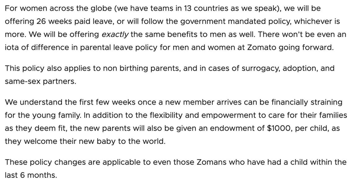 What a remarkable step <a href="/ZomatoIN/">zomato</a> ! 

Have been a fan of your creatives, food delivery and now policies too 🌼 

You inspire us small startups to be the change that we want to see. <a href="/Ciceroni_App/">CICERONI</a>

zomato.com/blog/parental-…